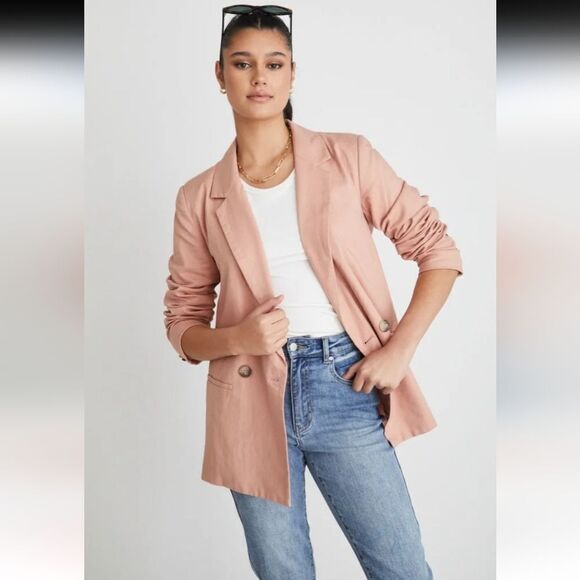NWOT FORE Linen Blend Double Breasted Lined Long Line Blazer Small - Picture 1 of 5